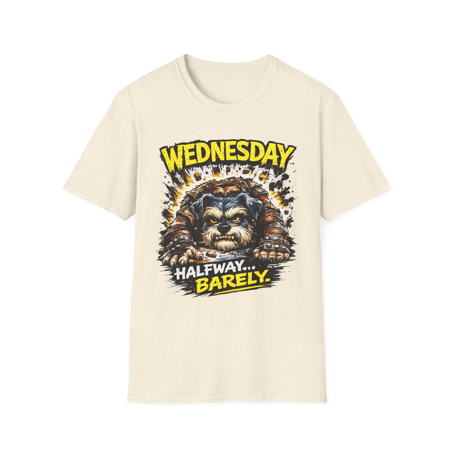 Wednesday T‑Shirt — “Wednesday Halfway… Barely.” Funny Midweek Grumpy Day Shirt