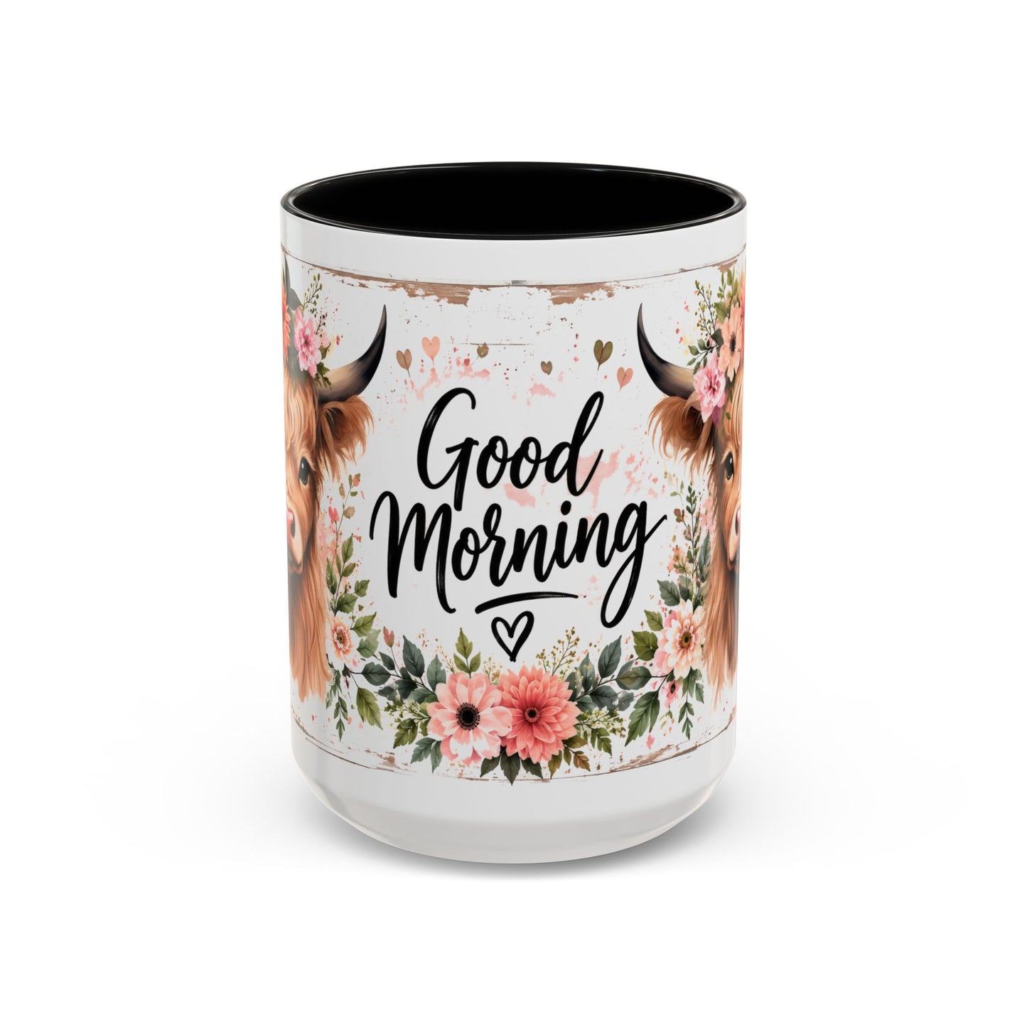 Good Morning Cow Accent Coffee Mug — Floral Highland Cow Ceramic Mug (11/15oz)