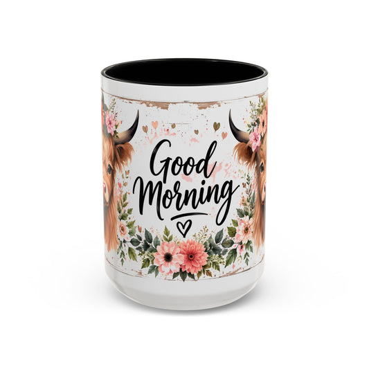 Good Morning Cow Accent Coffee Mug — Floral Highland Cow Ceramic Mug (11/15oz)