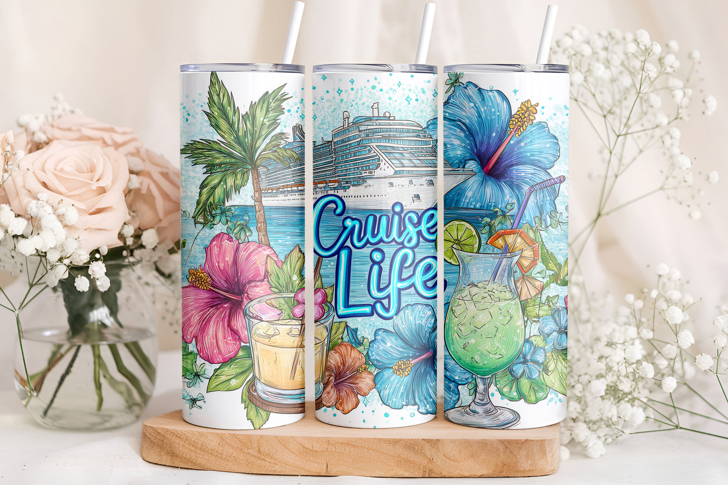 Cruise Life Tropical Tumbler Wrap, Cruise Ship Vacation Design, 20oz Skinny PNG, Digital Download, PV-TW-00012