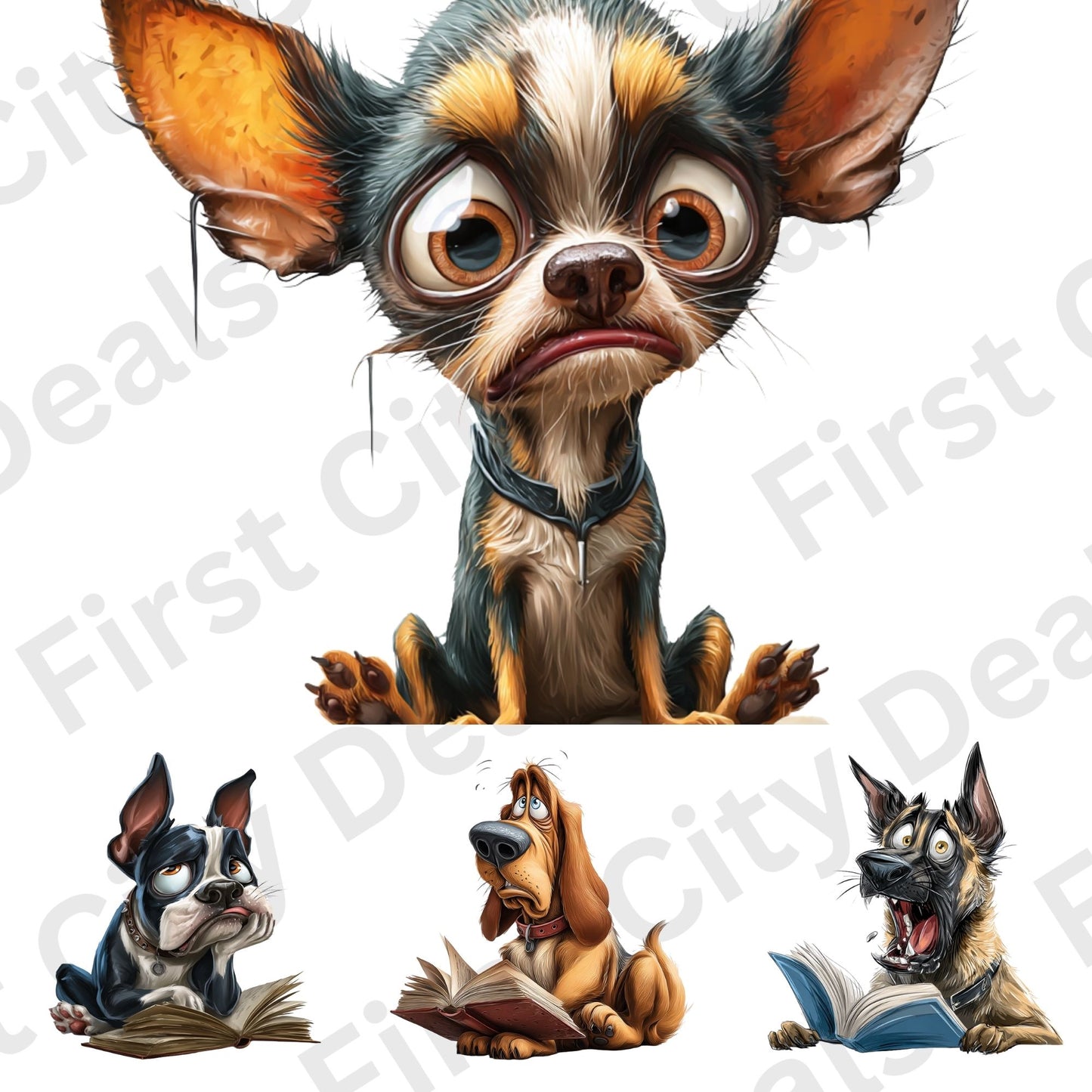 Funny Reading Dogs Clipart Bundle – 25 PNG Transparent Dog Characters, Cute Cartoon Dog Graphics for Sublimation, Stickers & Print Designs