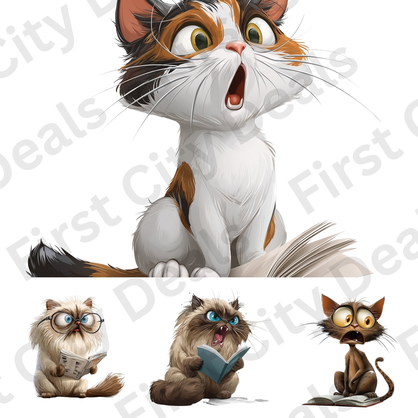 Funny Reading Cats Clipart Bundle – 25 PNG Transparent Book Lover Cats, Cute Cartoon Cat Graphics for Sublimation, Stickers & Print Designs