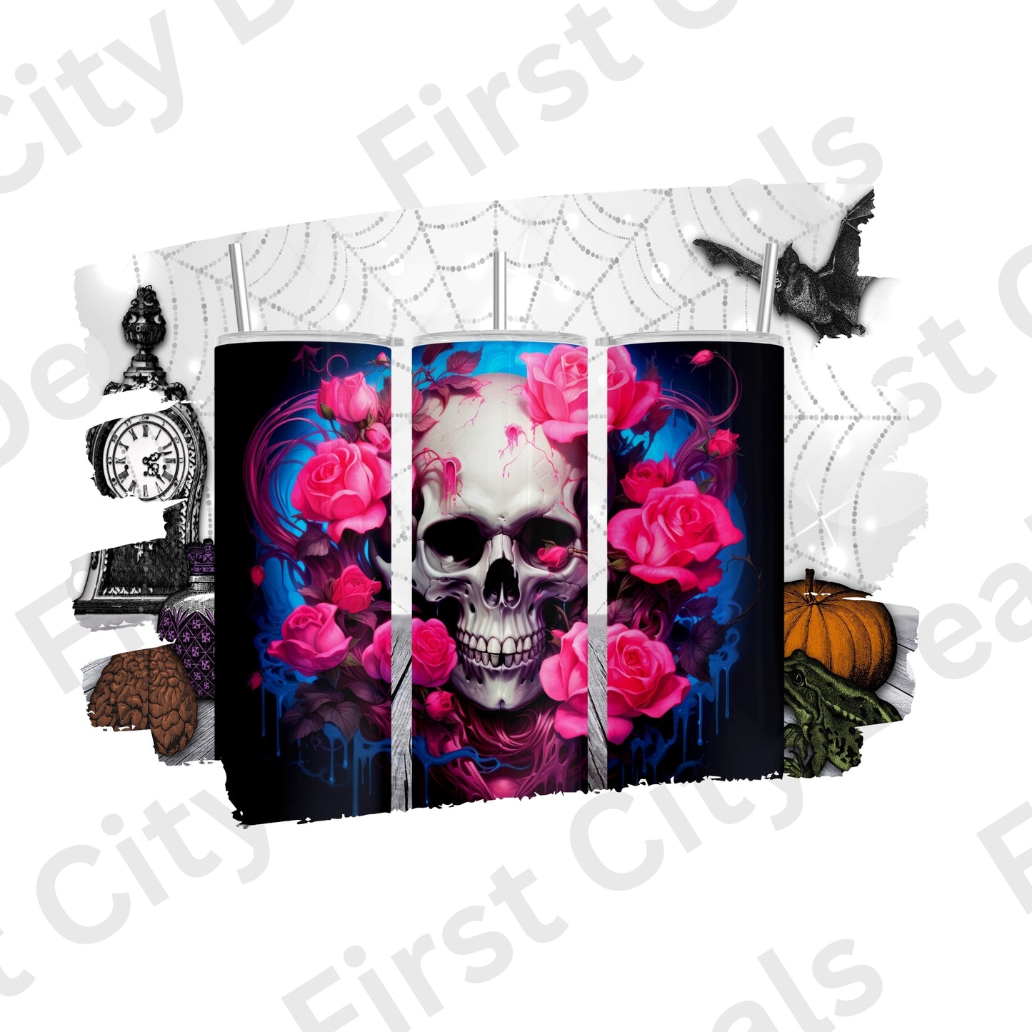 Skull Rose Tumbler Wrap, Gothic Pink Floral Skull Design, 20oz Skinny PNG, Digital Download,PV-TW-00015