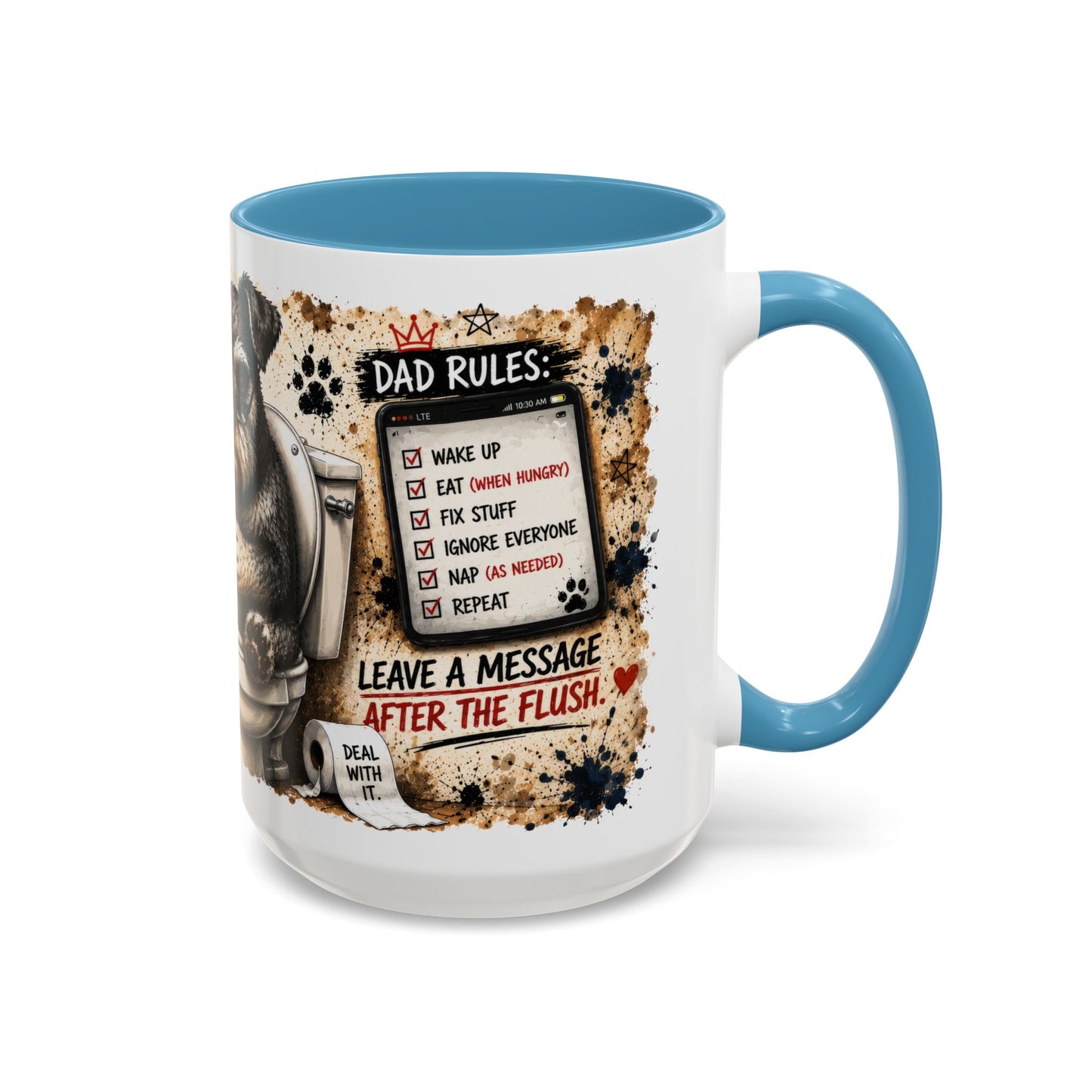 Dad Rules Coffee Mug — Funny Toilet Bulldog Design, "Leave a Message After the Flush" Accent Mug (11/15oz)