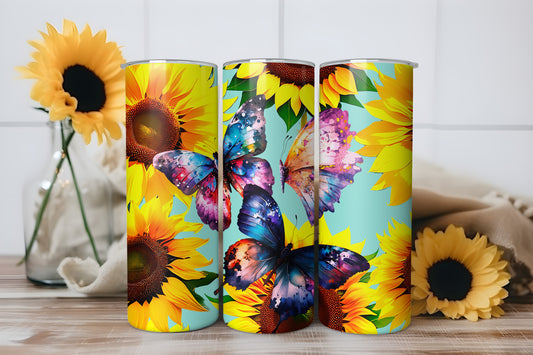 Sunflower Butterfly Tumbler Wrap, Floral Design, 20oz Skinny PNG, Digital Download, PV-TW-00001