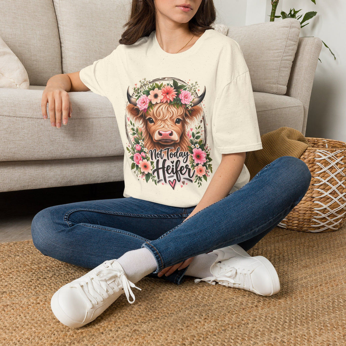 Floral Highland Cow T-Shirt — “Not Today Heifer” Cute Farm Animal Tee