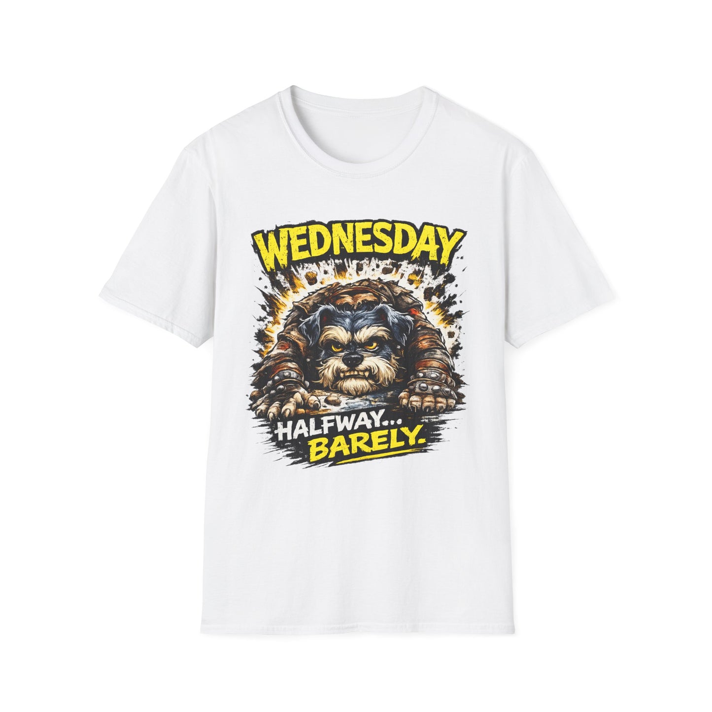 Wednesday T‑Shirt — “Wednesday Halfway… Barely.” Funny Midweek Grumpy Day Shirt