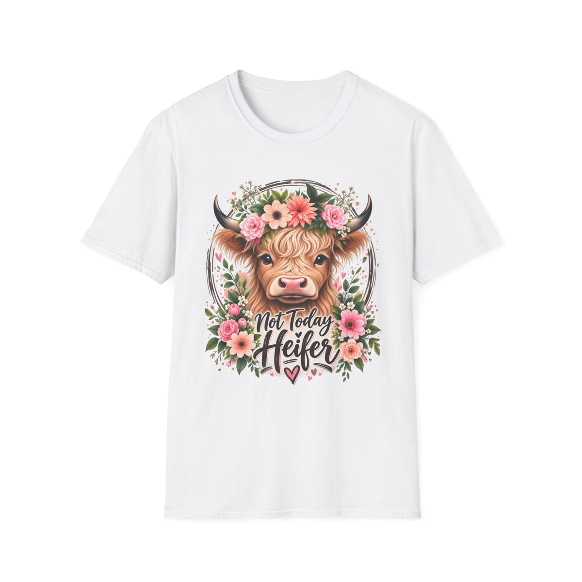 Floral Highland Cow T-Shirt — “Not Today Heifer” Cute Farm Animal Tee