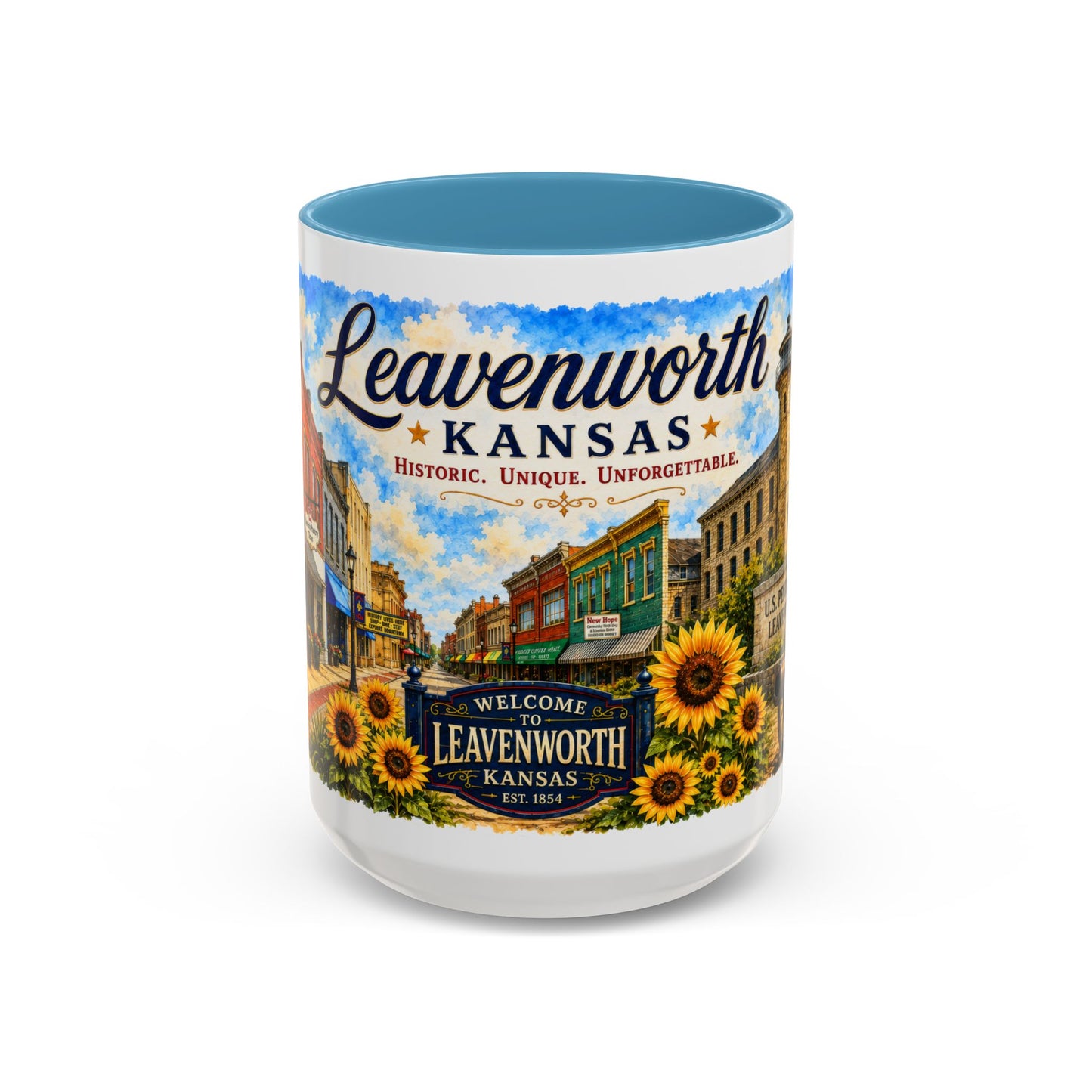 Leavenworth Kansas Scenic Coffee Mug — Sunflowers & Historic Downtown 11oz/15oz