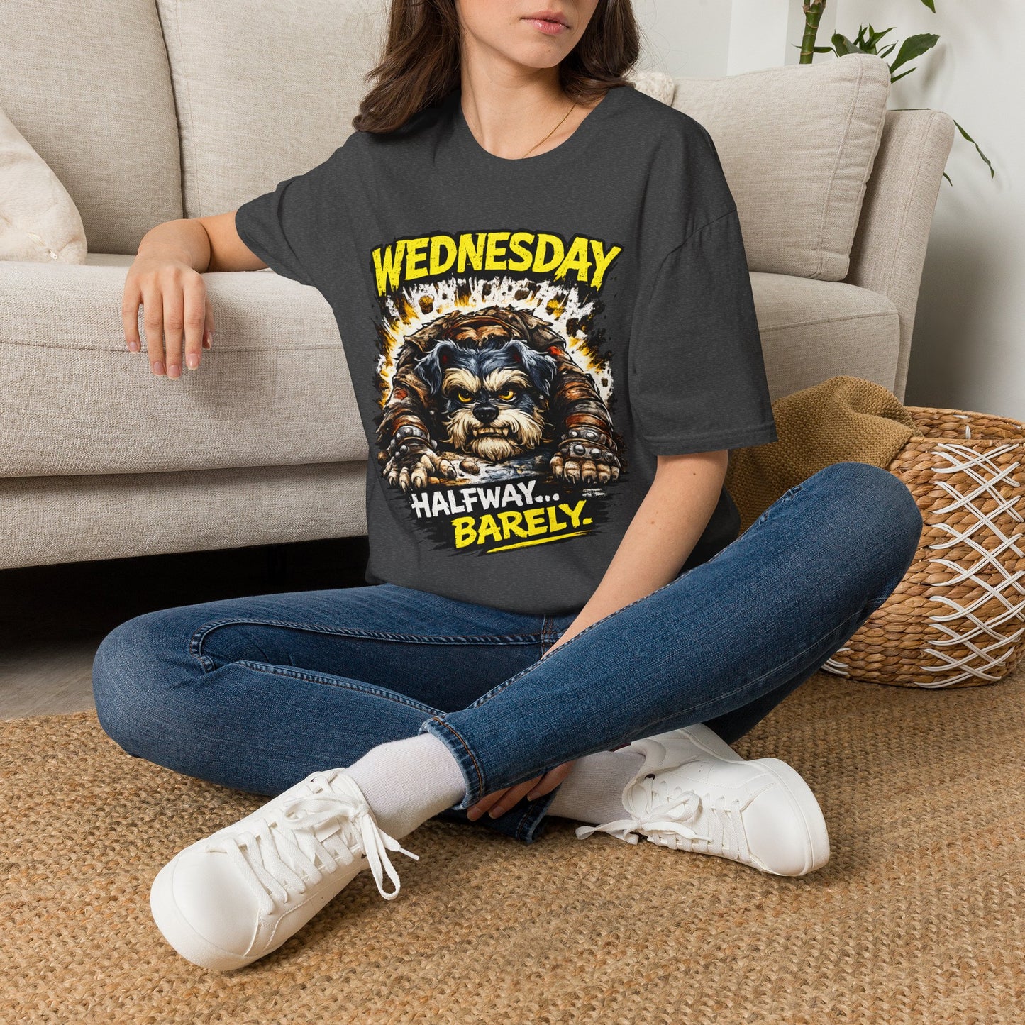 Wednesday T‑Shirt — “Wednesday Halfway… Barely.” Funny Midweek Grumpy Day Shirt