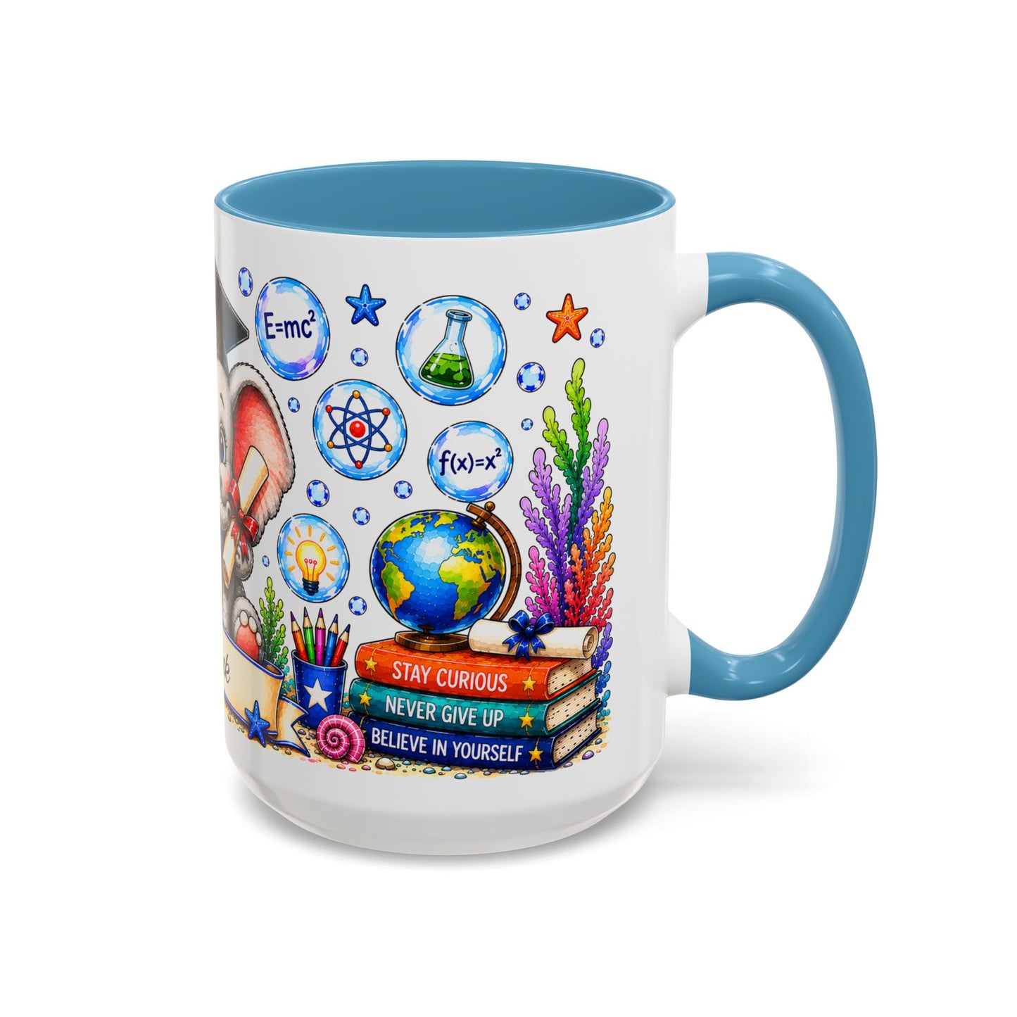 Graduation Elephant Coffee Mug — Cute Grad Cap Design with 'Stay Curious, Never Give Up' Books (11/15oz)