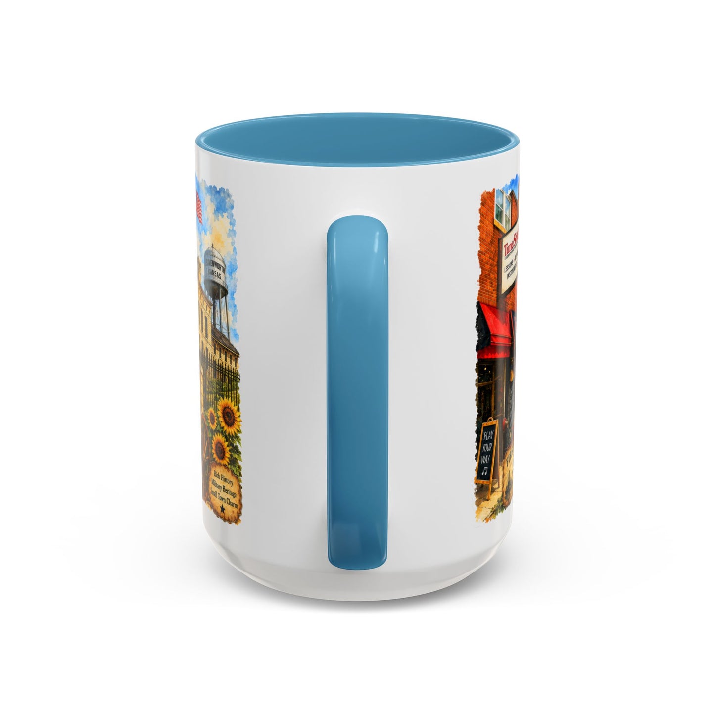 Leavenworth Kansas Scenic Coffee Mug — Sunflowers & Historic Downtown 11oz/15oz