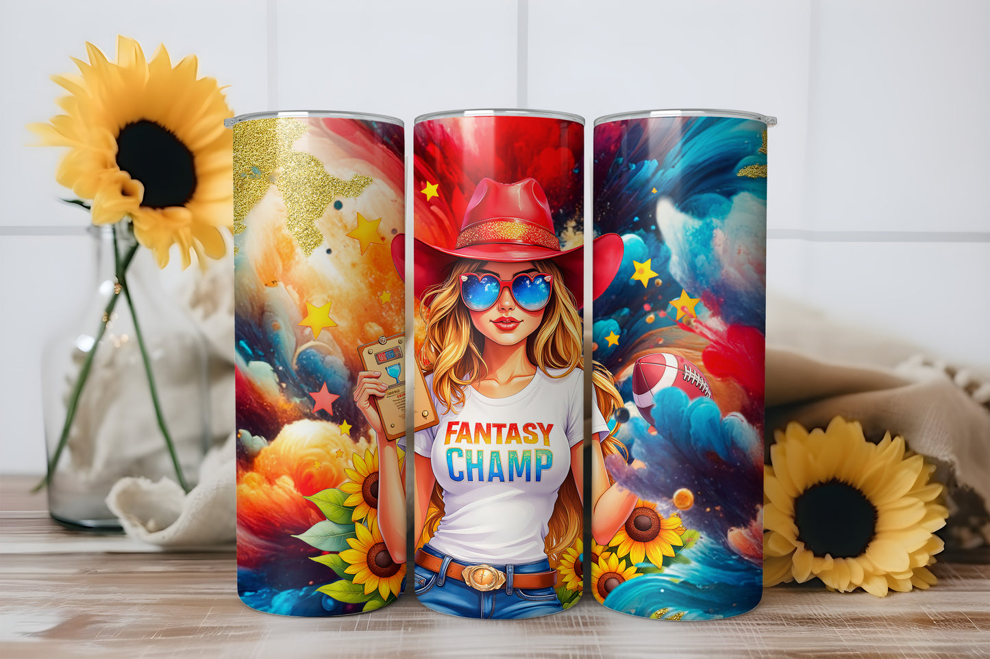 Fantasy Champ Cowgirl Sunflower Football 20oz Skinny Tumbler Wrap PNG - PV-TW-00018