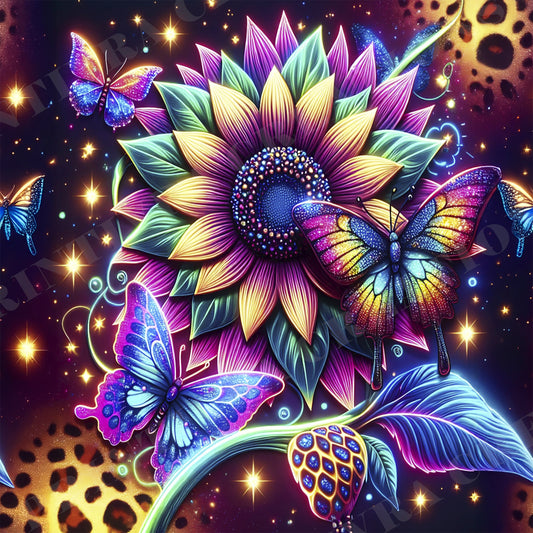Neon Sunflower Butterflies 20oz Skinny Tumbler Wrap PNG JPG - PV-TW-00025