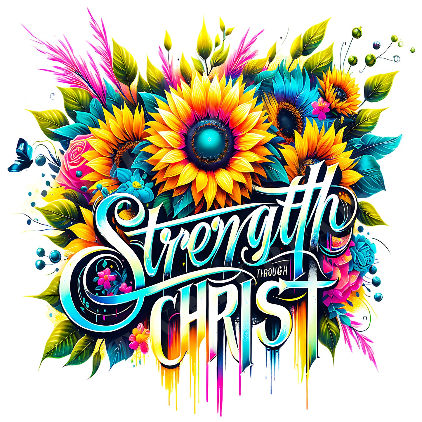 Strength Through Christ Tumbler Wrap, Christian Sunflower Faith Design, 20oz Skinny PNG, Digital Download, PV-TW-00017