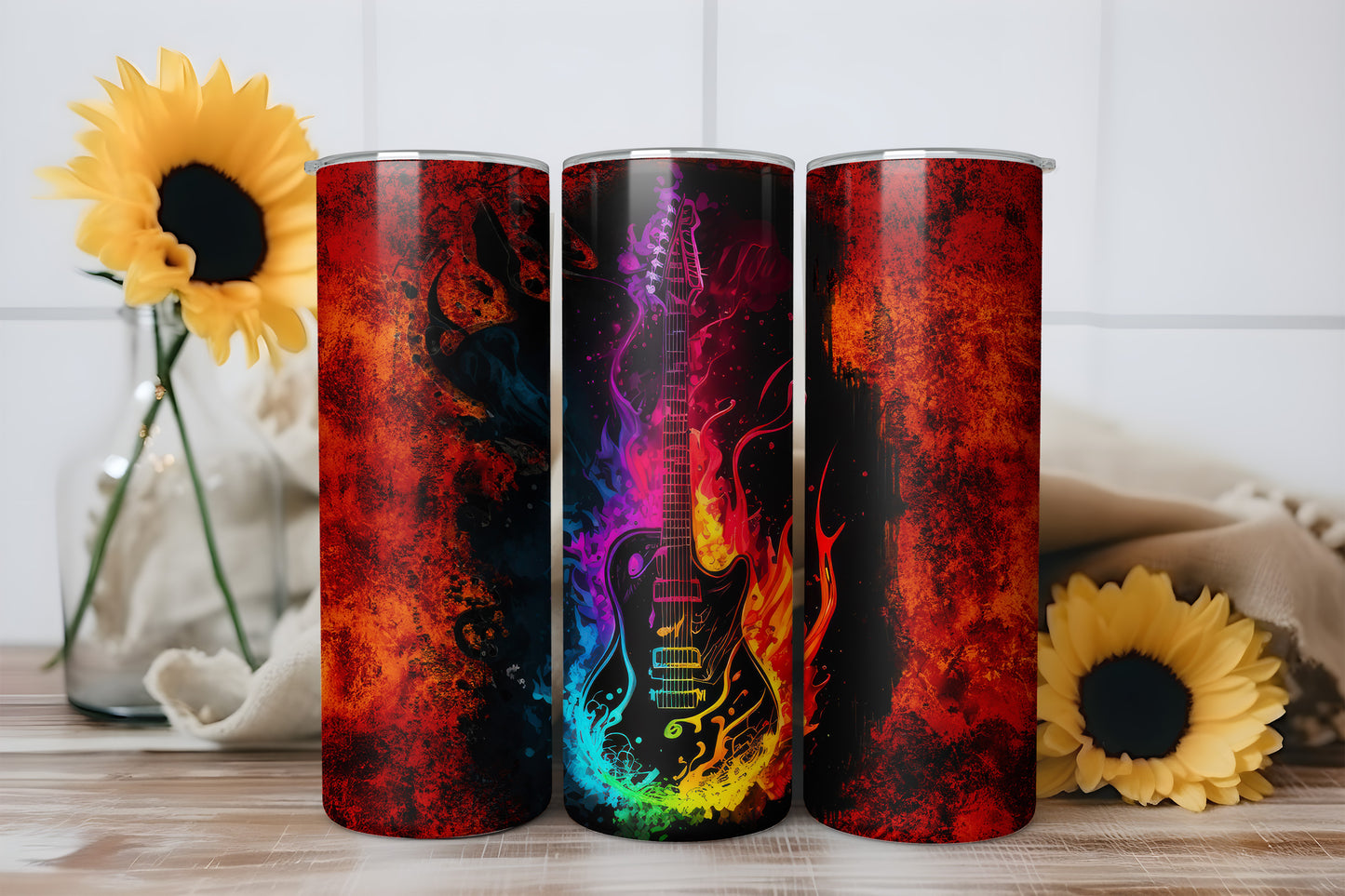 Electric Guitar Flame Tumbler Wrap, Rock Music Design, 20oz Skinny PNG, Digital Download, PV-TW-00002