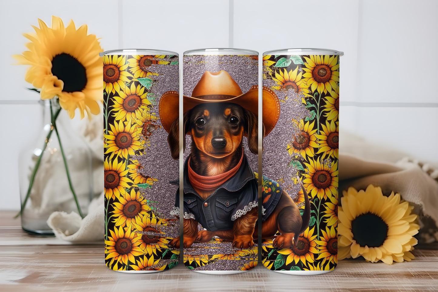 Dachshund Sunflower Tumbler Wrap, Cowboy Wiener Dog Western Design, 20oz Skinny PNG, Digital Download, PV-TW-00014