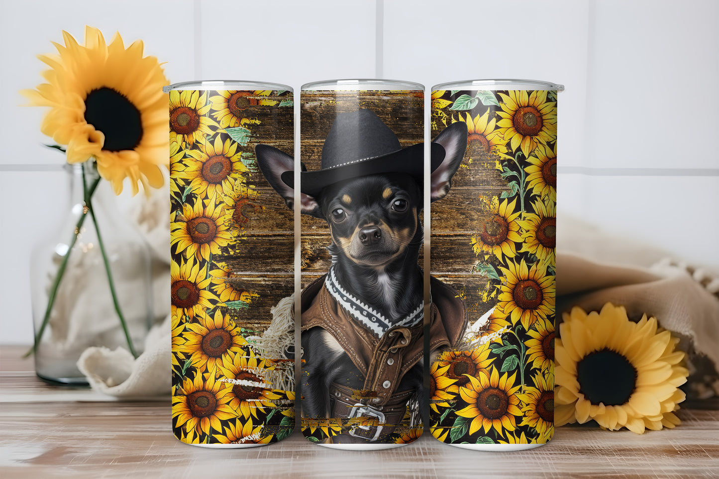 Cowboy Chihuahua Tumbler Wrap, Western Dog Sunflower Design, 20oz Skinny PNG, Digital Download, PV-TW-00010