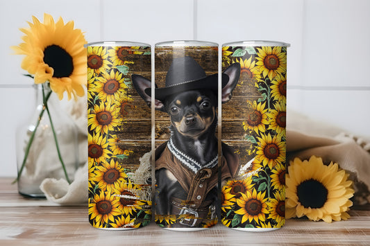 Cowboy Chihuahua Tumbler Wrap, Western Dog Sunflower Design, 20oz Skinny PNG, Digital Download, PV-TW-00010
