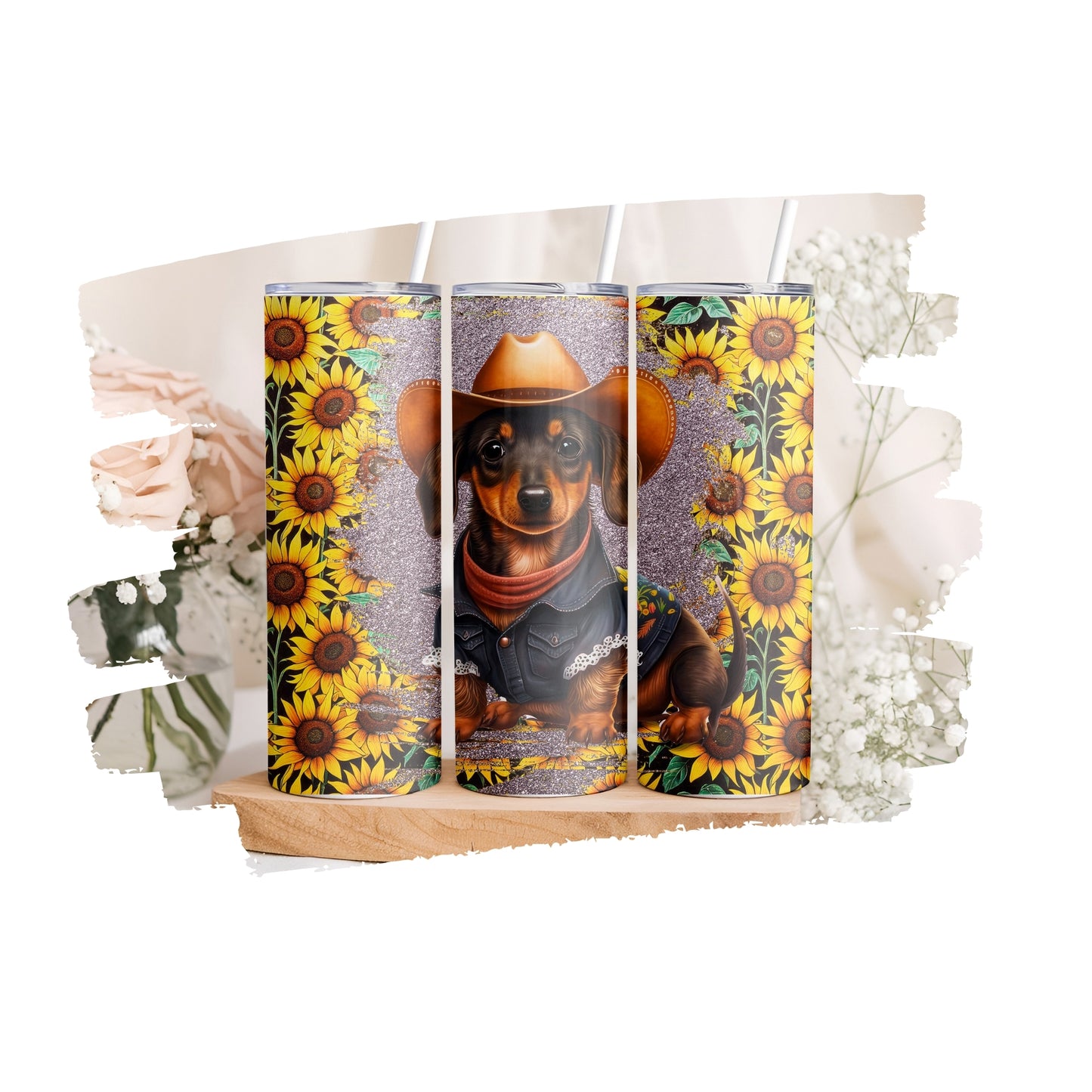 Dachshund Sunflower Tumbler Wrap, Cowboy Wiener Dog Western Design, 20oz Skinny PNG, Digital Download, PV-TW-00014