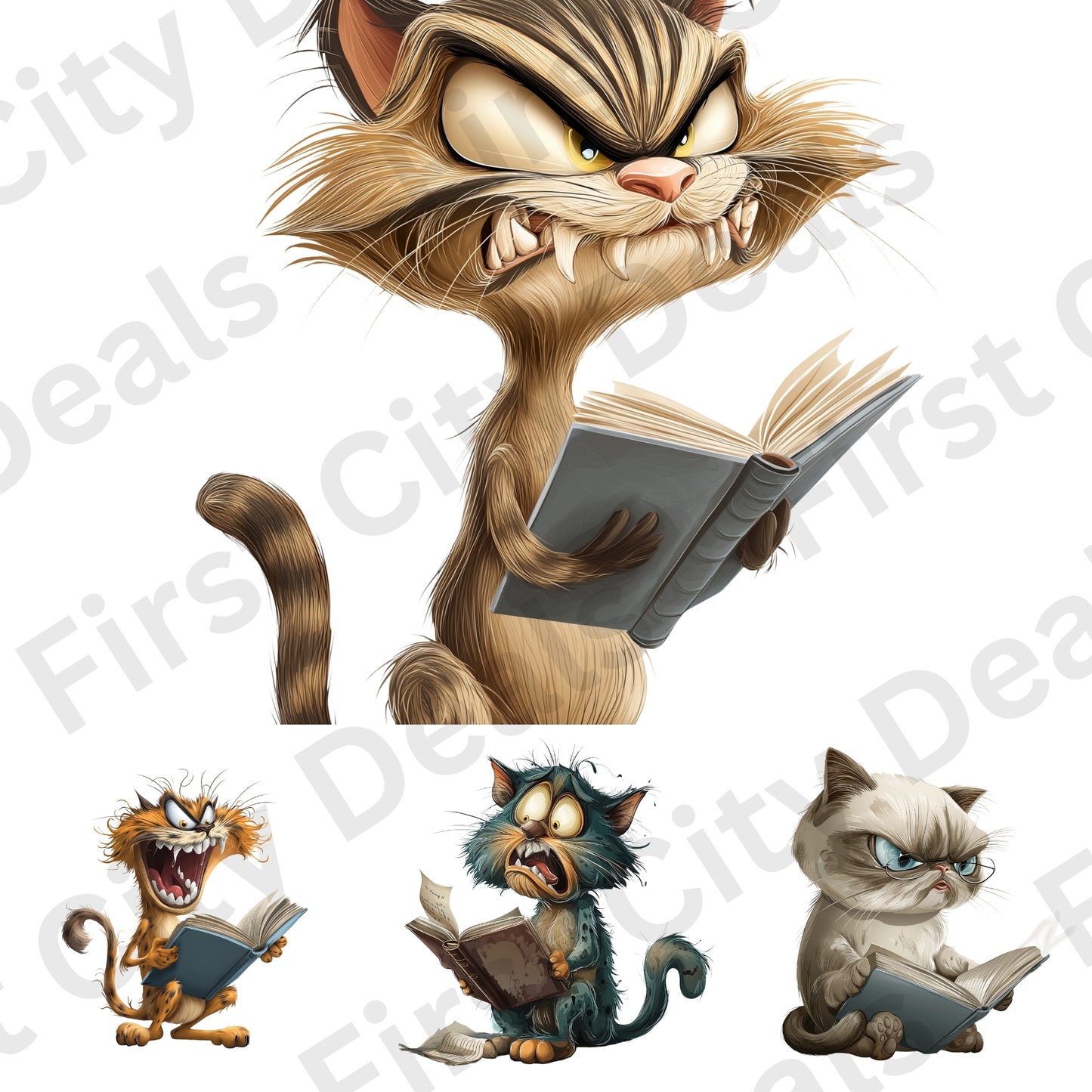 Funny Reading Cats Clipart Bundle – 25 PNG Transparent Book Lover Cats, Cute Cartoon Cat Graphics for Sublimation, Stickers & Print Designs