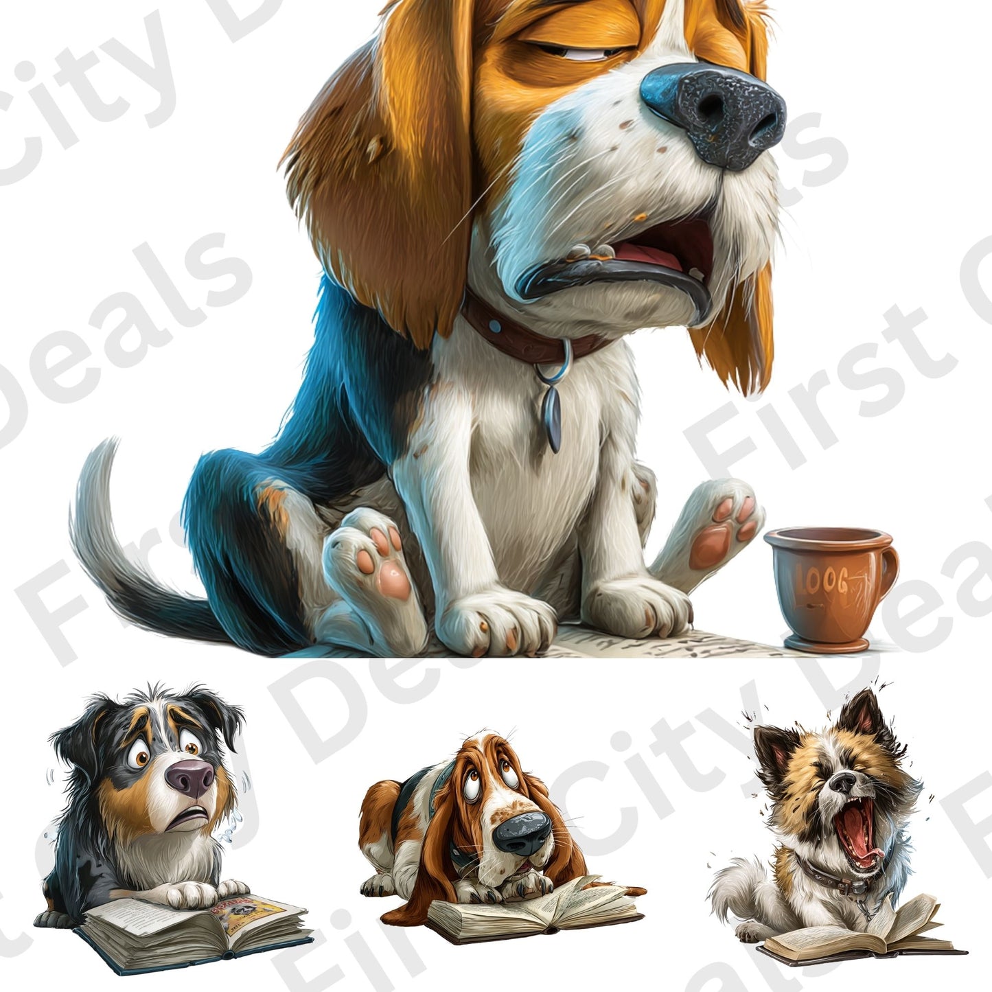 Funny Reading Dogs Clipart Bundle – 25 PNG Transparent Dog Characters, Cute Cartoon Dog Graphics for Sublimation, Stickers & Print Designs