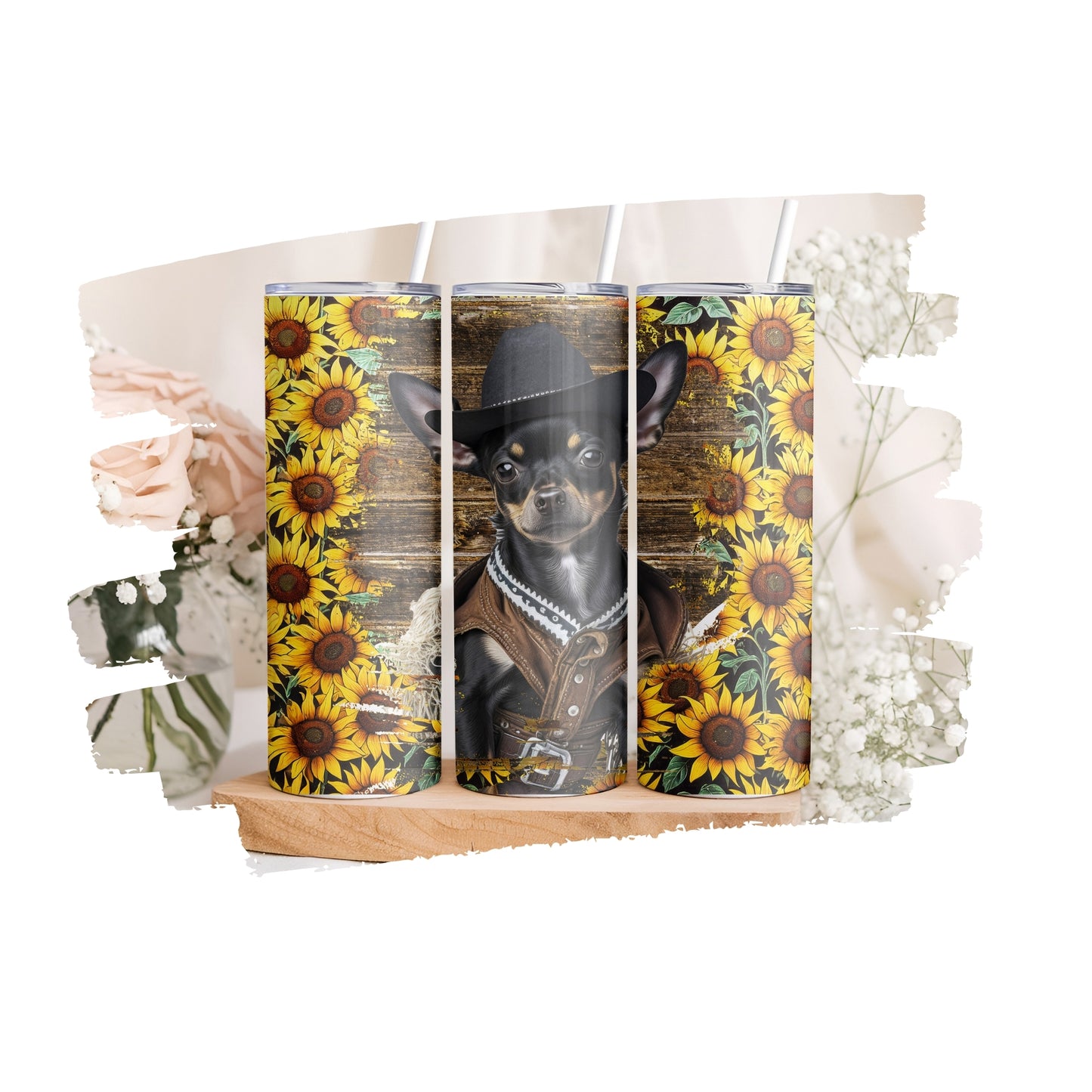 Cowboy Chihuahua Tumbler Wrap, Western Dog Sunflower Design, 20oz Skinny PNG, Digital Download, PV-TW-00010
