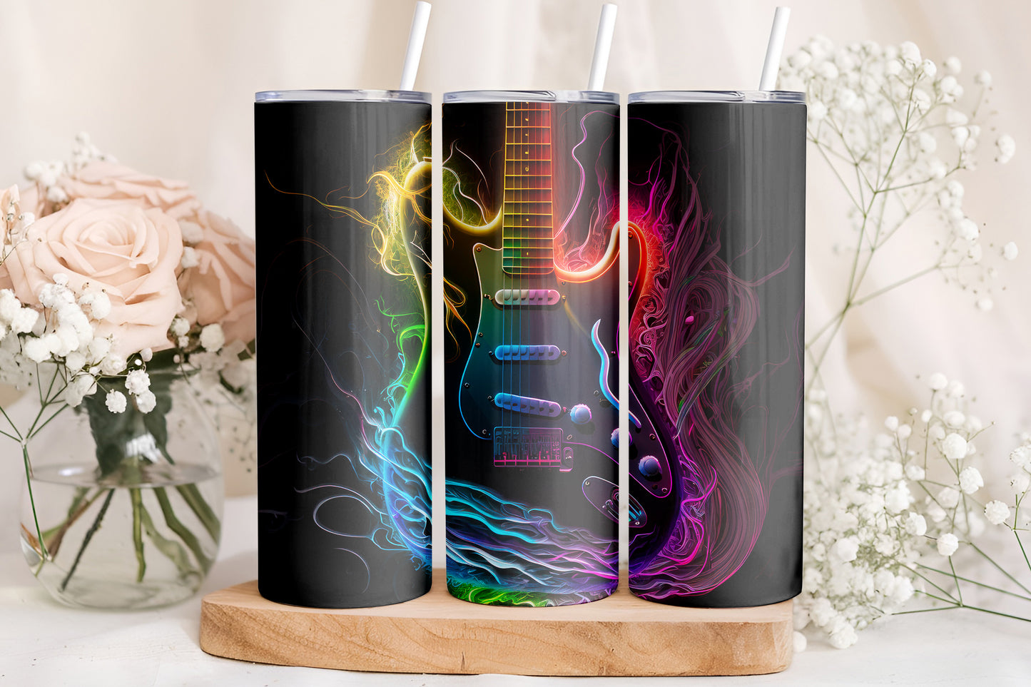 Neon Electric Guitar Tumbler Wrap, Rock Music Design, 20oz Skinny PNG, Digital Download, PV-TW-00003