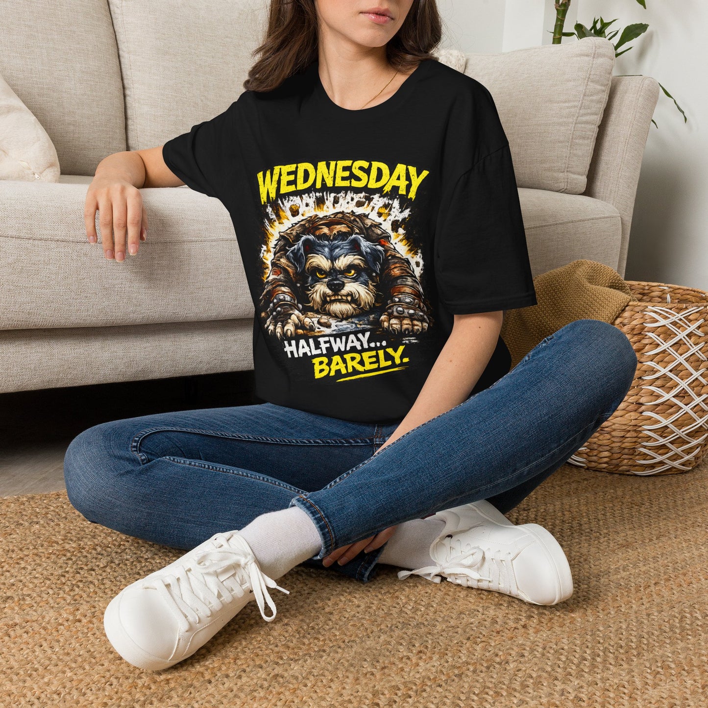 Wednesday T‑Shirt — “Wednesday Halfway… Barely.” Funny Midweek Grumpy Day Shirt