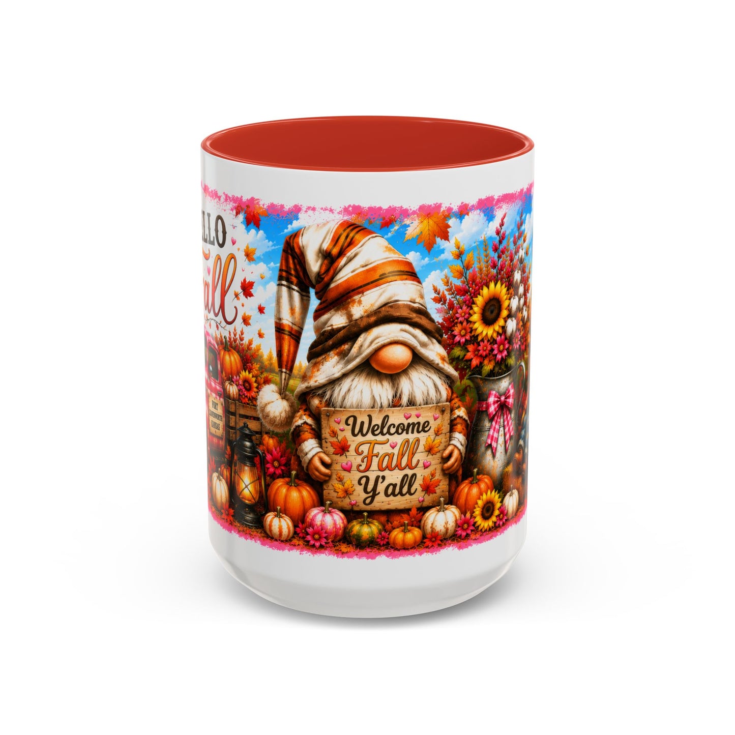 Welcome Fall Y'all Accent Coffee Mug — Autumn Gnome Pumpkin & Sunflower 11/15oz