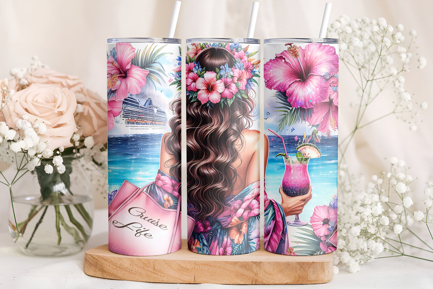 Cruise Life Tumbler Wrap, Tropical Vacation Girl Design, 20oz Skinny PNG, Digital Download, PV-TW-00011
