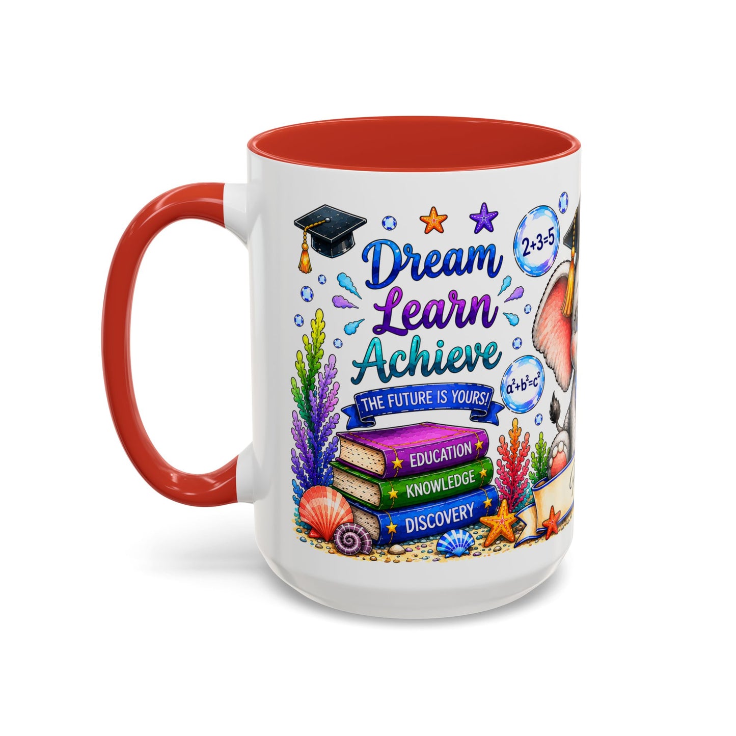 Graduation Elephant Coffee Mug — Cute Grad Cap Design with 'Stay Curious, Never Give Up' Books (11/15oz)