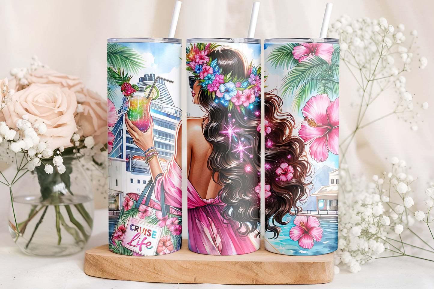 Cruise Life Tumbler Wrap, Tropical Vacation Girl Design, 20oz Skinny PNG, Digital Download, PV-TW-00011