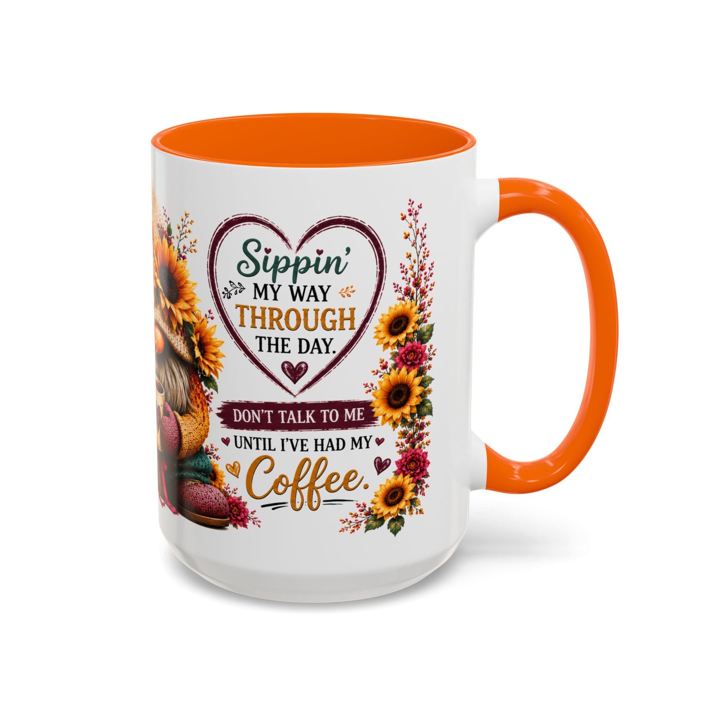 Coffee Mug — 'Sippin' My Way Through the Day' Sunflower Gnome Coffee Mug (11/15oz)