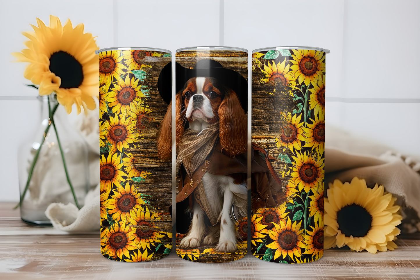 Cowboy Cavalier King Charles Spaniel Sunflower 20oz Skinny Tumbler Wrap PNG JPG - PV-TW-00021
