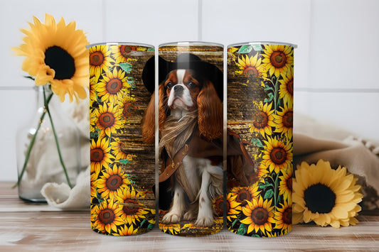 Cowboy Cavalier King Charles Spaniel Sunflower 20oz Skinny Tumbler Wrap PNG JPG - PV-TW-00021