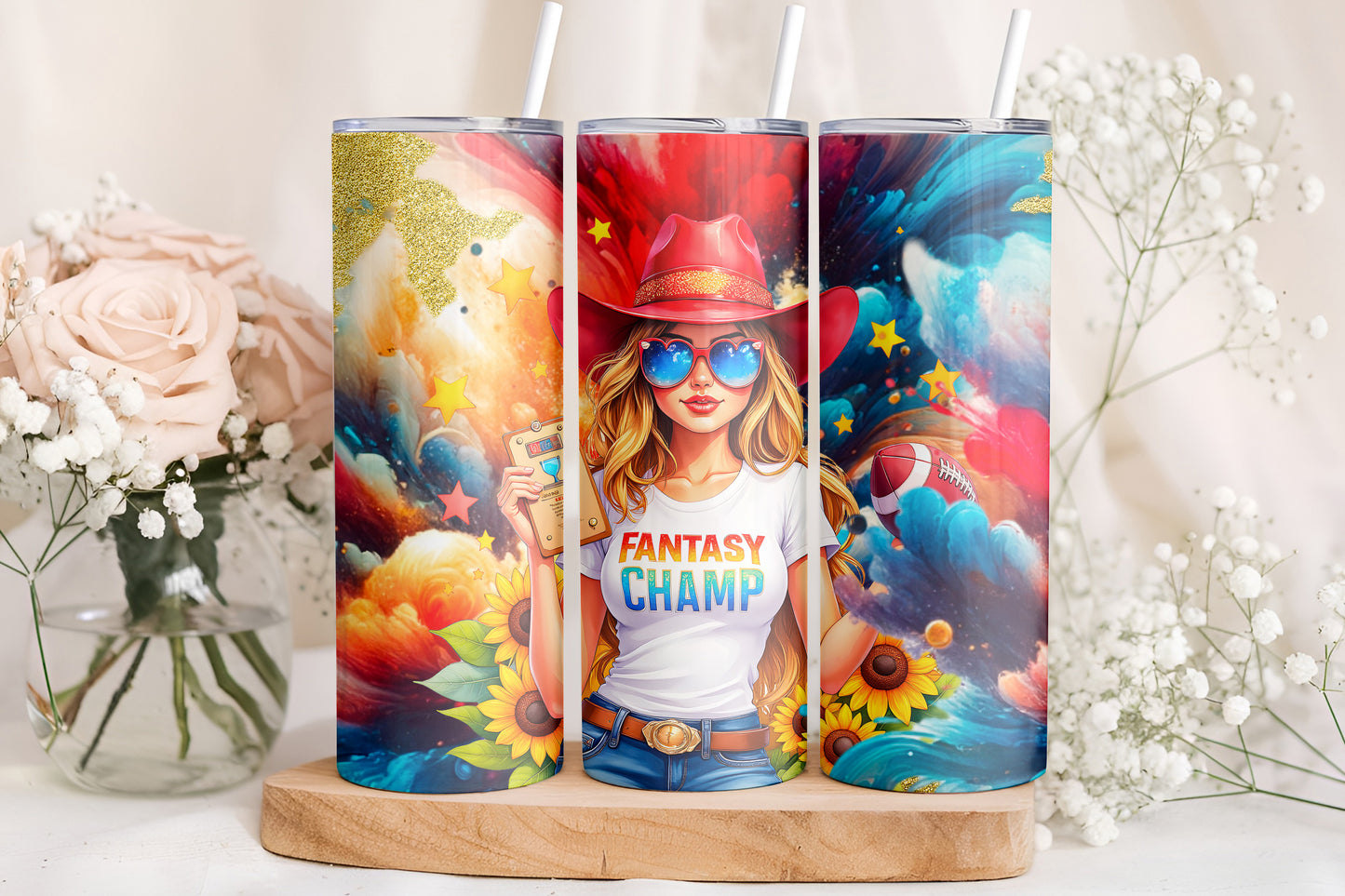 Fantasy Champ Cowgirl Sunflower Football 20oz Skinny Tumbler Wrap PNG - PV-TW-00018