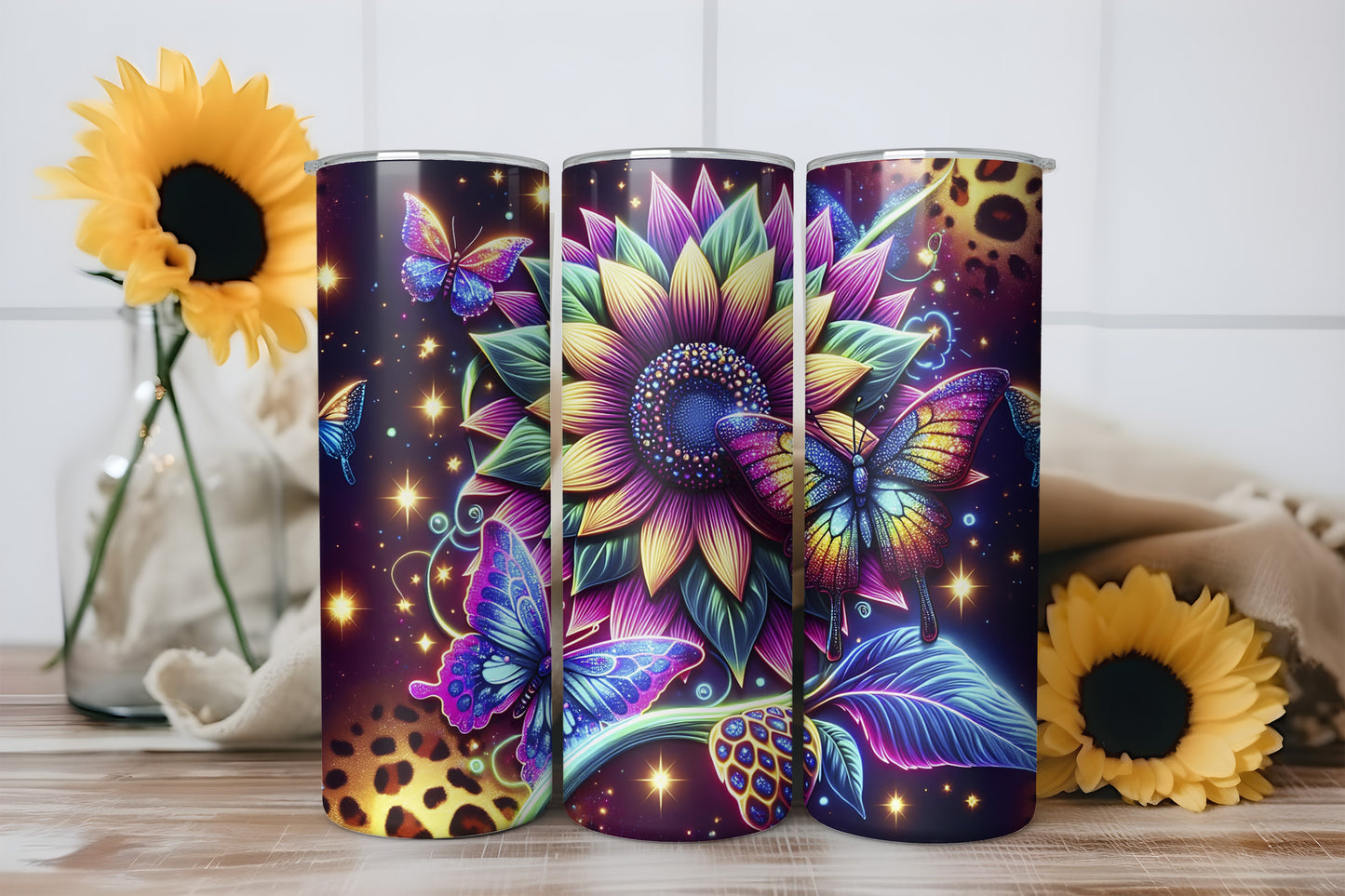 Neon Sunflower Butterflies 20oz Skinny Tumbler Wrap PNG JPG - PV-TW-00025