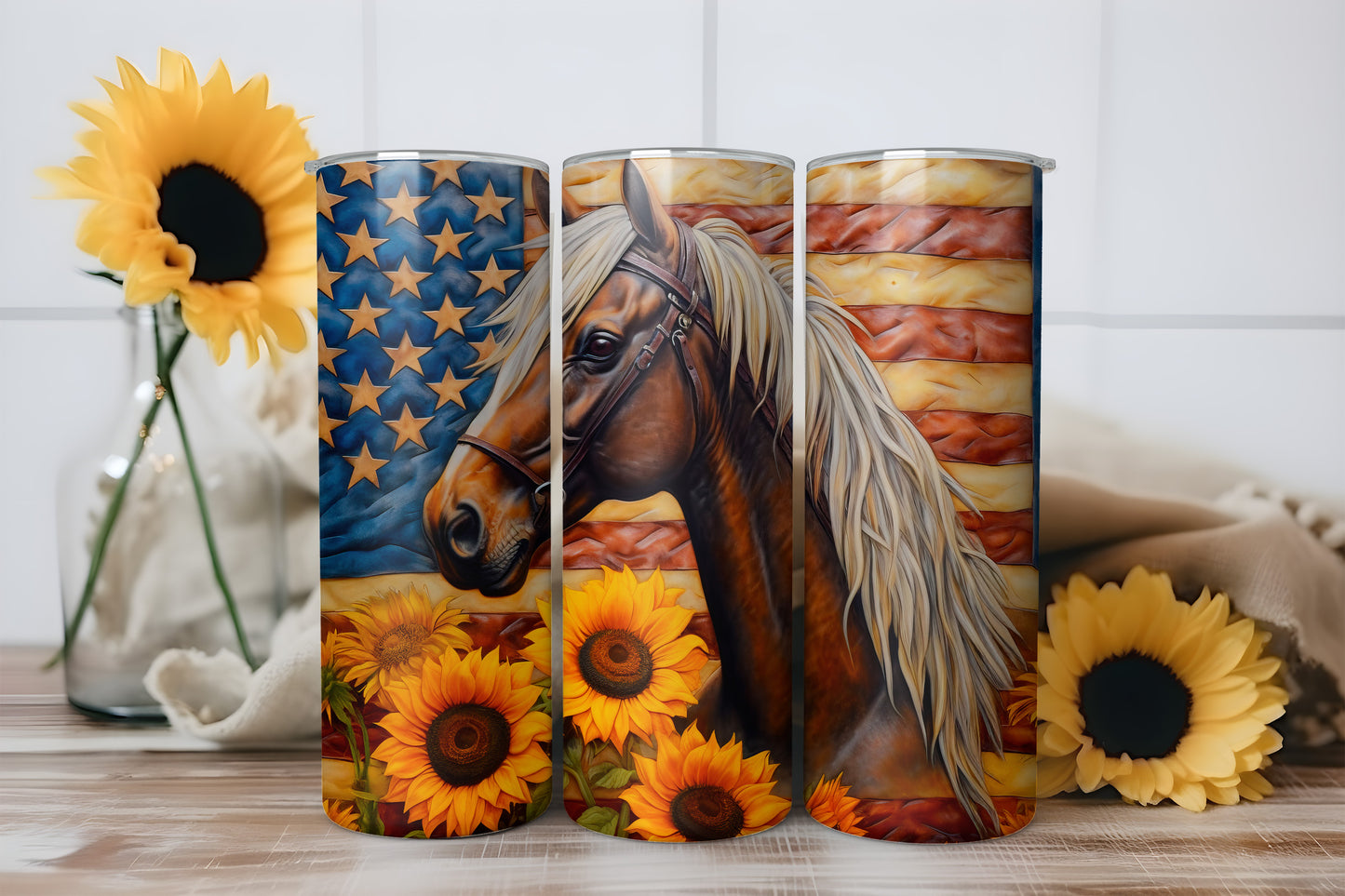 Patriotic Horse Sunflower American Flag 20oz Skinny Tumbler Wrap PNG JPG - PV-TW-00027