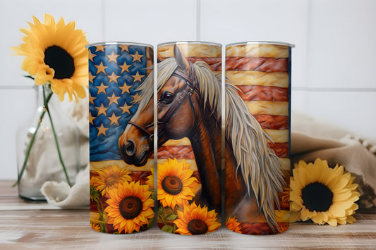 Patriotic Horse Sunflower American Flag 20oz Skinny Tumbler Wrap PNG JPG - PV-TW-00027