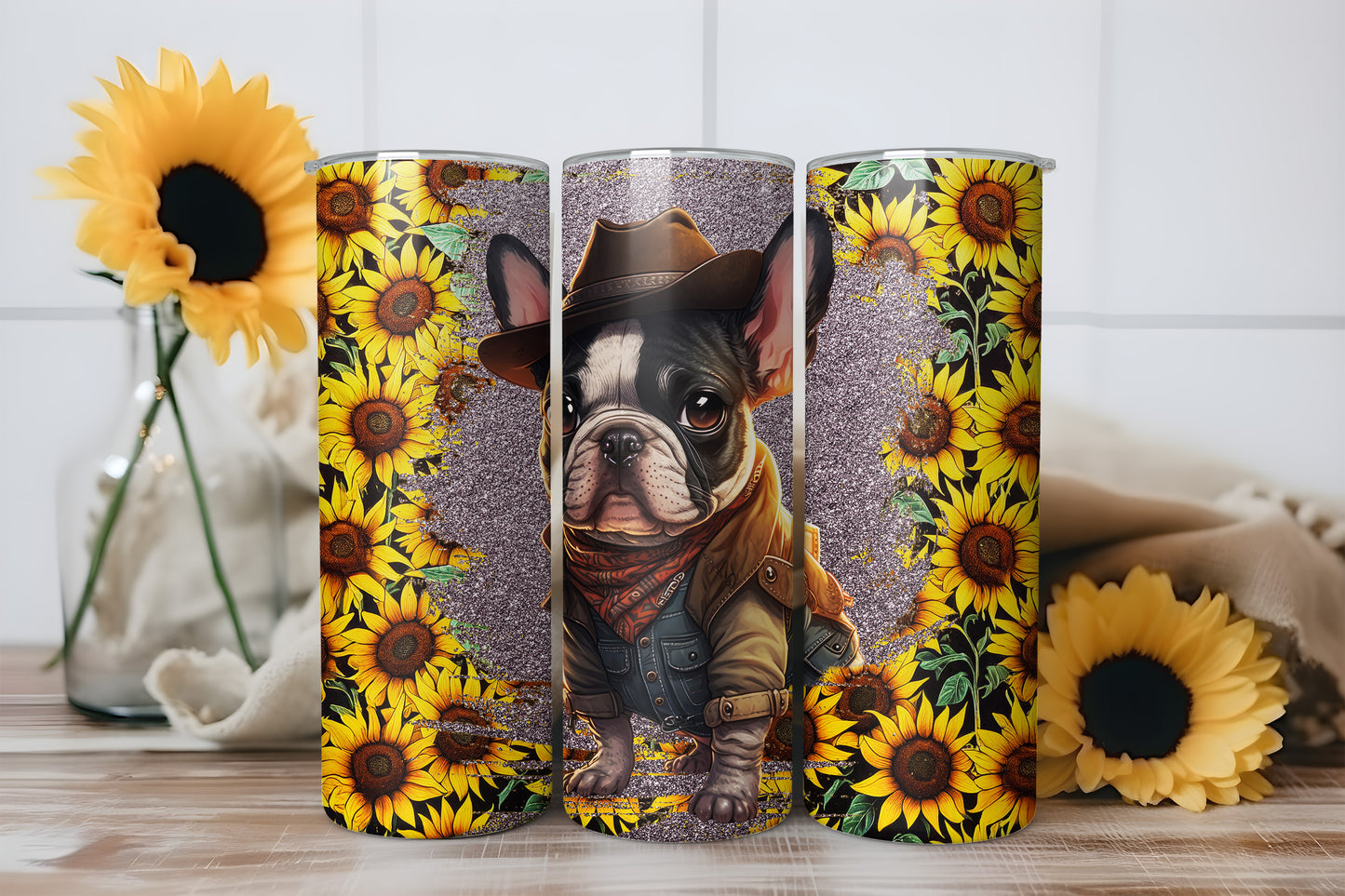 Cowboy French Bulldog Sunflower 20oz Skinny Tumbler Wrap PNG JPG - PV-TW-00019