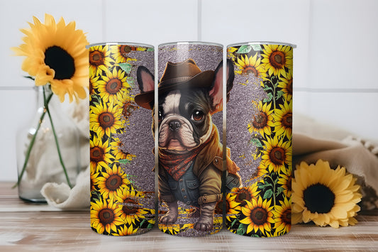 Cowboy French Bulldog Sunflower 20oz Skinny Tumbler Wrap PNG JPG - PV-TW-00019
