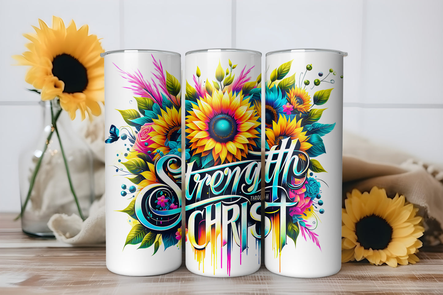Strength Through Christ Tumbler Wrap, Christian Sunflower Faith Design, 20oz Skinny PNG, Digital Download, PV-TW-00017