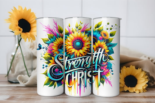 Strength Through Christ Tumbler Wrap, Christian Sunflower Faith Design, 20oz Skinny PNG, Digital Download, PV-TW-00017