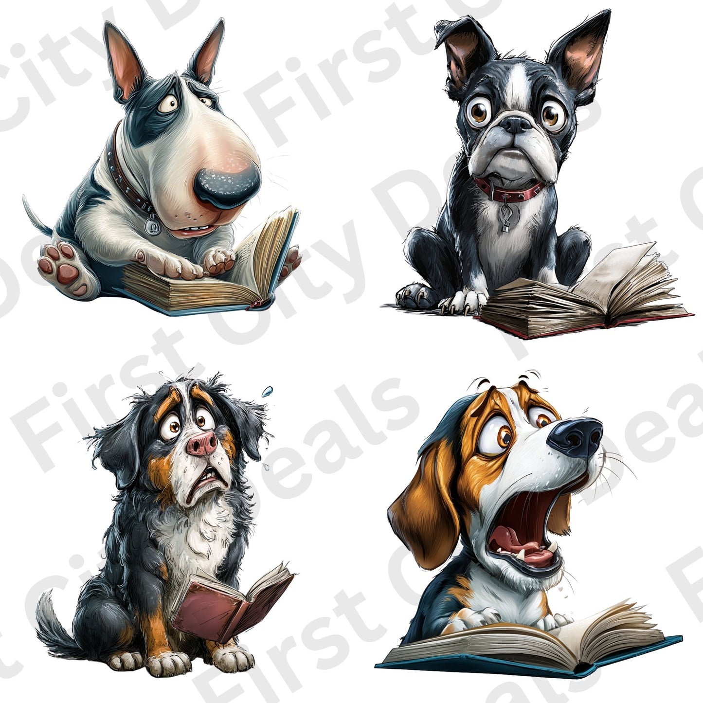 Funny Reading Dogs Clipart Bundle – 25 PNG Transparent Dog Characters, Cute Cartoon Dog Graphics for Sublimation, Stickers & Print Designs