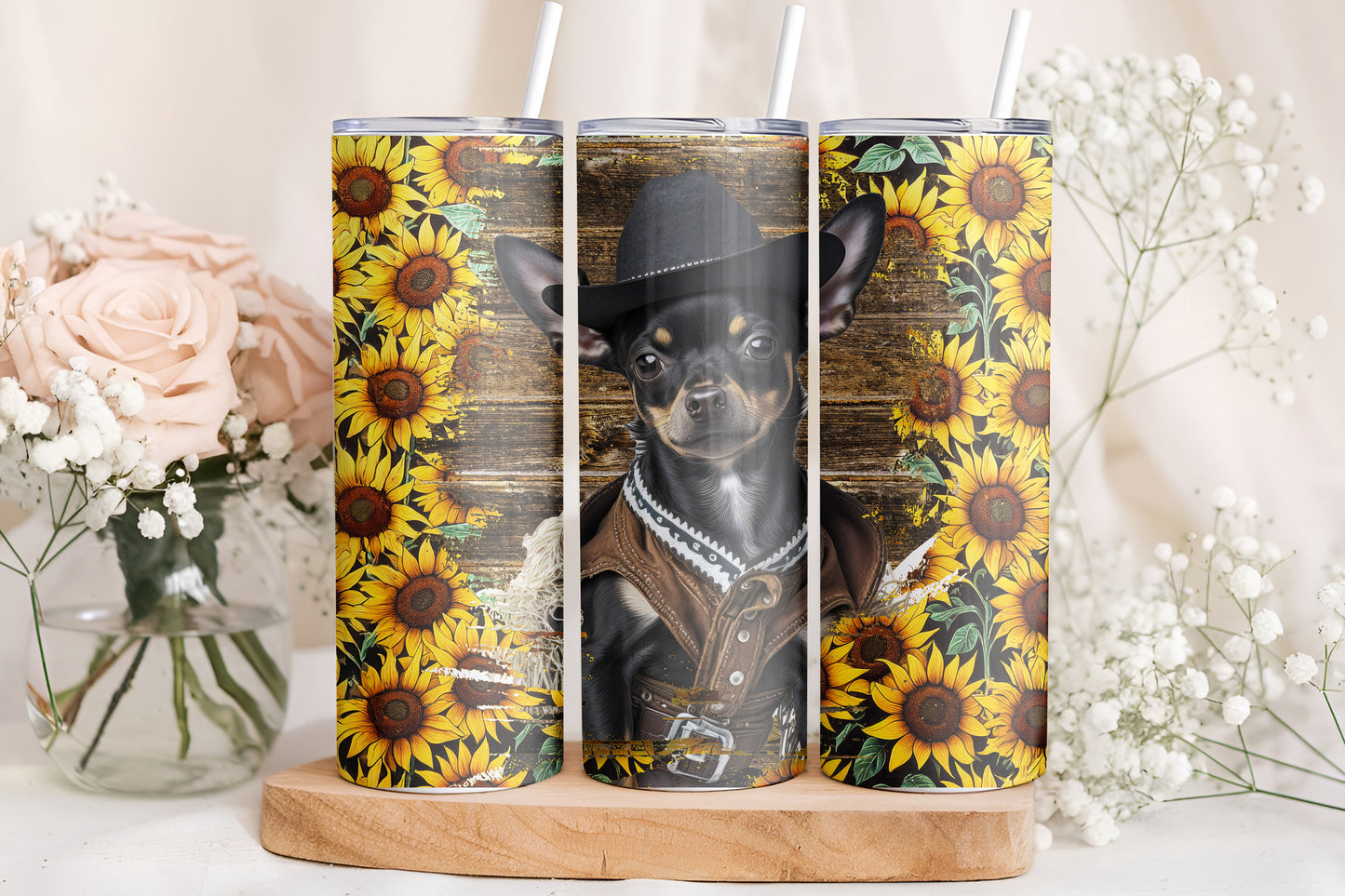 Cowboy Chihuahua Tumbler Wrap, Western Dog Sunflower Design, 20oz Skinny PNG, Digital Download, PV-TW-00010