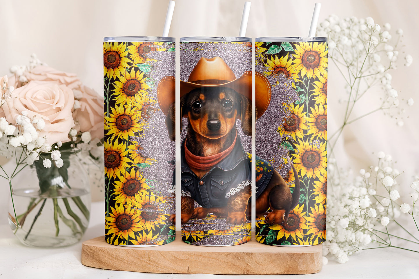 Dachshund Sunflower Tumbler Wrap, Cowboy Wiener Dog Western Design, 20oz Skinny PNG, Digital Download, PV-TW-00014