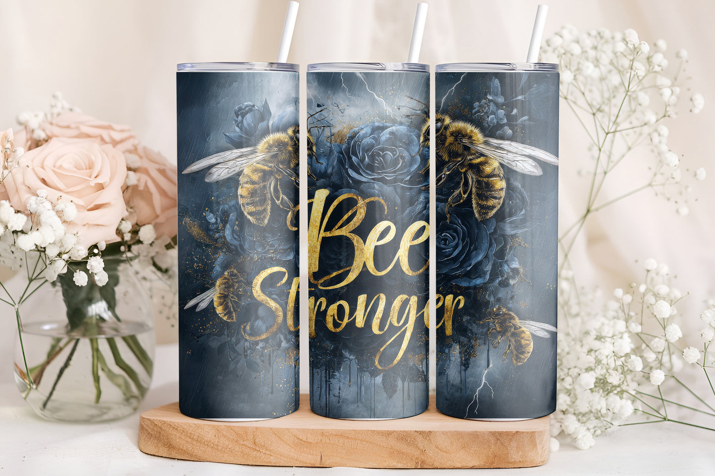 Bee Stronger Tumbler Wrap, Motivational Bee Design, 20oz Skinny PNG, Digital Download, PV-TW-00007