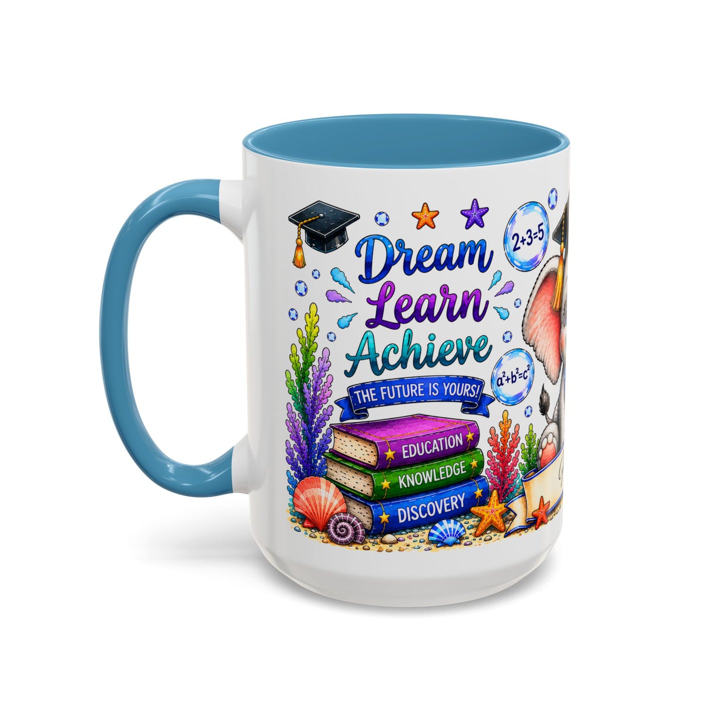 Graduation Elephant Coffee Mug — Cute Grad Cap Design with 'Stay Curious, Never Give Up' Books (11/15oz)