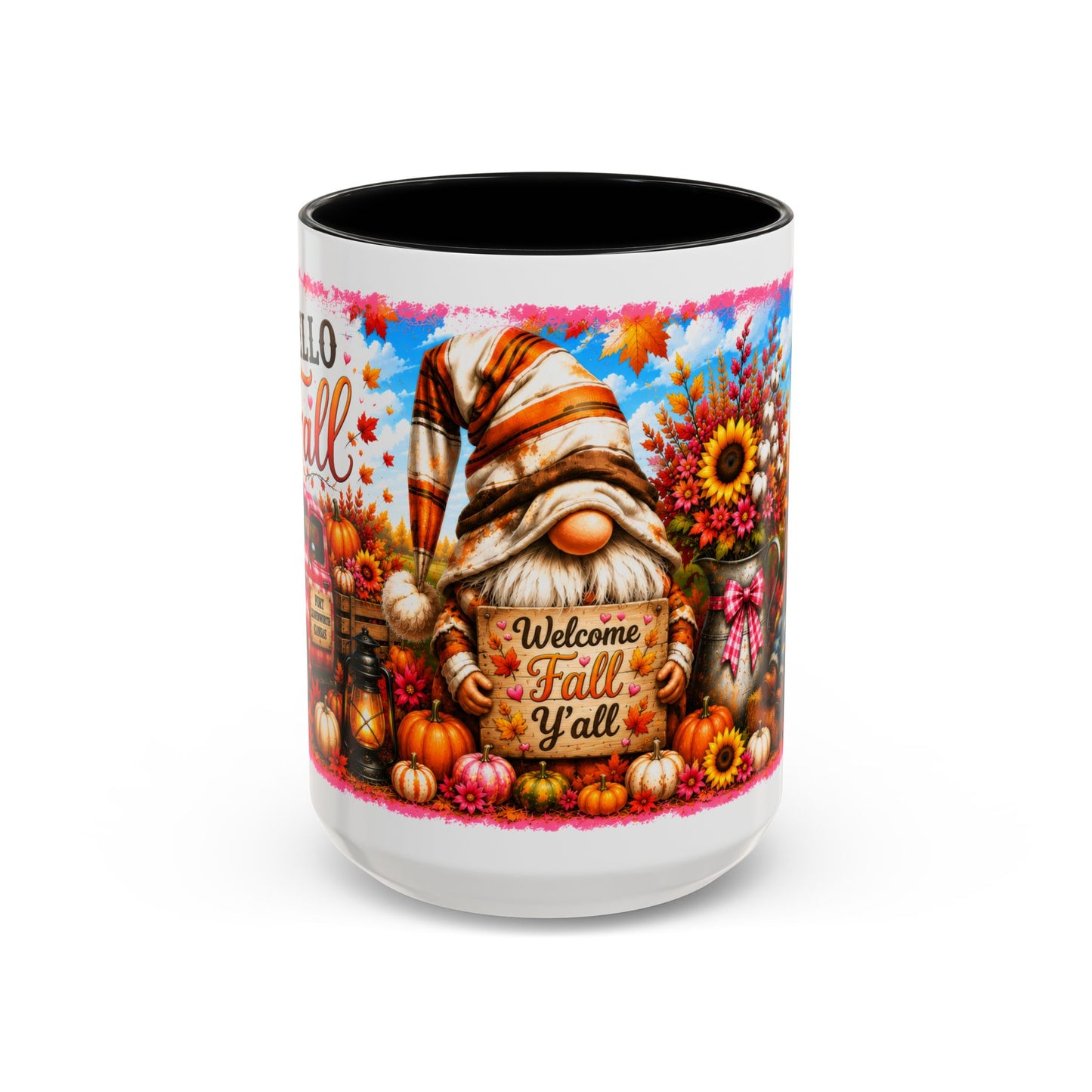 Welcome Fall Y'all Accent Coffee Mug — Autumn Gnome Pumpkin & Sunflower 11/15oz